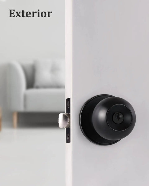 Matte Black Door Knobs With Lock And Keys For Interior Exterior Entry Doors ANSI Grade 3 built to last visible on white door