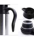 Grab And Go Smart Electric Heated Travel Coffee Mug With Rugged 304 Stainless Steel Keeps Your Daily Drip Hot On The Highway Featuring 750ML Size And 12V Car Plug For Lightning Fast Warmth While You Roll close up of handle and lid