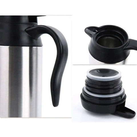 Grab And Go Smart Electric Heated Travel Coffee Mug With Rugged 304 Stainless Steel Keeps Your Daily Drip Hot On The Highway Featuring 750ML Size And 12V Car Plug For Lightning Fast Warmth While You Roll close up of handle and lid