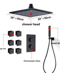 Upgrade Your Digs With This Premium Black Ceiling Mounted Shower System Combo Featuring A Giant 20 Inch Rain Shower Head, Pulsating Body Jets, And An Adjustable Handheld Wand Giving You Comfort And Style For Everyday Routines That Hit Hard! showing 20 inch rain shower head, massage jets, and thermostatic valve.