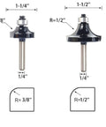 Badass Roundover Router Bit Set With Six Extra Guide Bearings And Heavy Duty Carbide Edge forming bit sizes 3/8" and 1/2" shown with dimensions.