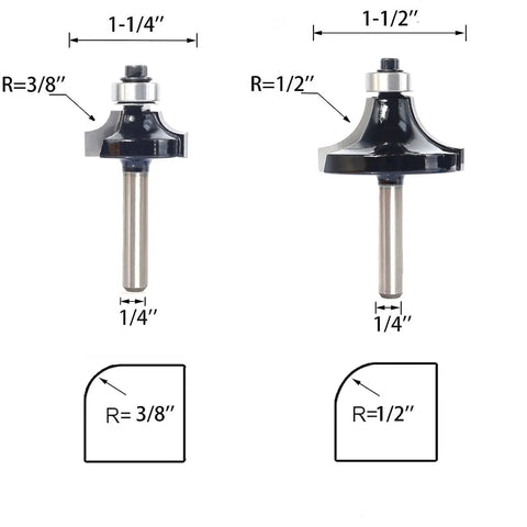 Badass Roundover Router Bit Set With Six Extra Guide Bearings And Heavy Duty Carbide Edge forming bit sizes 3/8" and 1/2" shown with dimensions.