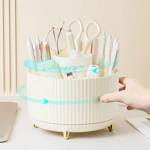 Gold Desk Organizer Set With 360 Degree Rotating Pen Holder and office supplies on a desk, showcasing organization.