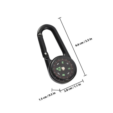 Portable Double Sided Hiking Compass With Carabiner Pocket Sized Mini Outdoor Navigation Tool For Hiking Camping Climbing And Backpack Gear Ultra Handy Keychain Survival Accessory shown with measurements.