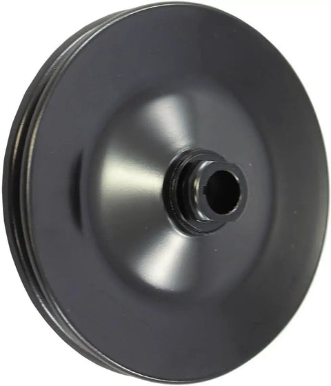 Complete Semi Gloss Black Steel V Belt 2 Groove Long Water Pump LWP Crank Pulleys With Alternator And Power Steering Brackets Kit For SBC Chevy Small Block 350 327 Engines Up To 1978 Ready To Install close-up