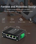 Beefy 3 Port Rugged Industrial Gigabit Din Rail Switch With 10/100/1000 Mbps Ethernet, fanless design and dimensions displayed.