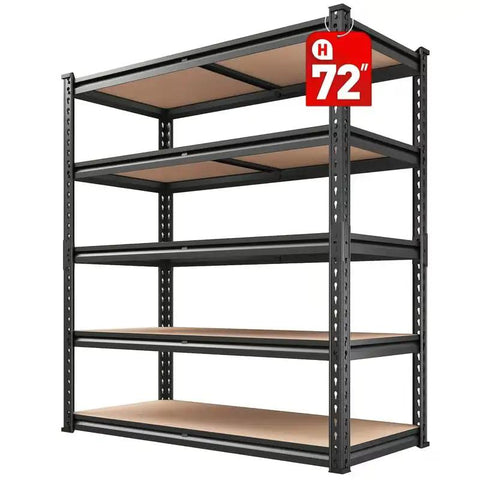 Kickass Heavy Duty 5 Tier Metal Storage Shelving Unit With Reinforced Adjustable Steel Racks For Garage Pantry Warehouse Industrial Tool Organization Setup, 72-inch height, showing five shelves.
