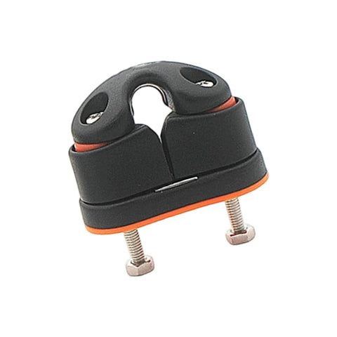 Nylon rope clamp cleat for marine use; black nylon with orange base, dual posts, two mounting screws visible