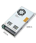 LRS-350-24 Switching Power Supply Dope 24V 14.6A Enclosed DC PSU, shown in silver finish with dimensions marked, compact design.
