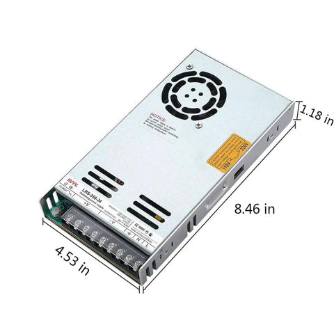 LRS-350-24 Switching Power Supply Dope 24V 14.6A Enclosed DC PSU, shown in silver finish with dimensions marked, compact design.