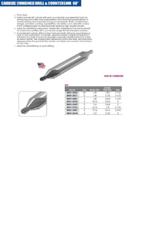 HHIP carbide combined drill and countersink, No. 2 x 2, 60°, USA made