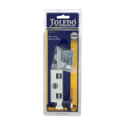 White Hardened Keyed Bolt Sliding Patio Door Lock Surface Mounted For Wood And Metal Doors in retail packaging