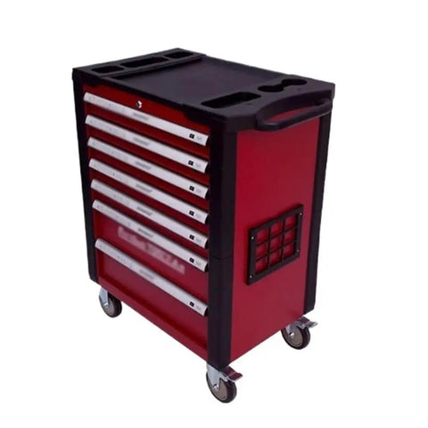 Tough As Nails Rolling Tool Cart With Heavy Duty Steel Drawers And Slip Resistant Wheels, red and black mobile toolbox with six drawers.