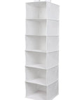 Rock Solid Six Shelf Hanging Closet Organizer With Dividers In Clean White Non Woven Fabric, vertical storage for clothes.