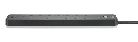 Side view of a Surge Protector Power Strip With USB Ports 12 Outlets 2160 Joules Flat Plug 6 Foot Cord Space Saving Design in black.