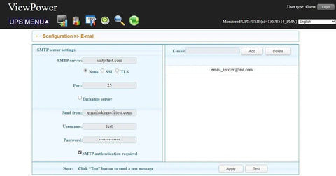 Configuration of email settings in ViewPower software for TS800E 800VA Battery Backup UPS With AVR 120V Line Interactive Simulated Sine Wave
