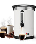 Massive 14L Electric Coffee Urn Double Wall Stainless Steel Commercial Beverage Dispenser with hot coffee cup, beans and steam visible
