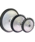 Top Shelf 65a Rubber Belt Grinder Contact Wheel With Rock Solid Aluminum Core And Pre-Mounted Half Inch Bearings One Inch Wide Heavy Duty Grinder Machine Replacement For Any Workshop, showcasing three sizes of wheels.
