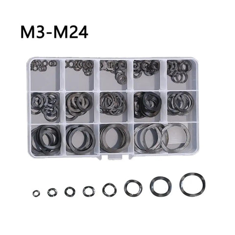 Locking Washers Set 129 Piece Black Elastic Metal Gasket Kit With M3 M4 M5 M6 M8 M10 M12 M14 To M24 Sizes Built From 65 Mn Steel For Rock Solid Locking Vibration Dampening And Tight Secure Fits., M3-M24 washer assortment in organizer case