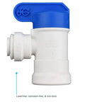 Quarter Inch Female Elbow Shut Off Valve With NPTF Thread Push To Connect Plastic Plumbing Fitting, side view