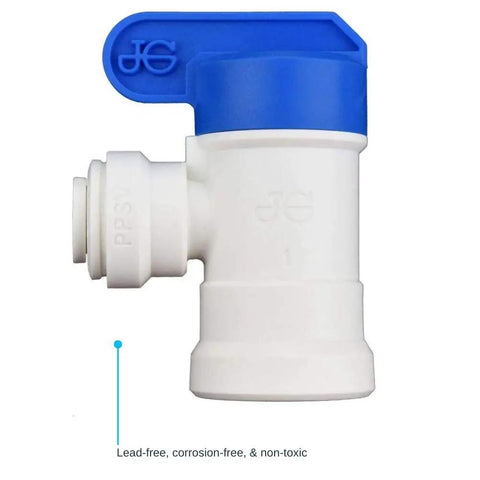 Quarter Inch Female Elbow Shut Off Valve With NPTF Thread Push To Connect Plastic Plumbing Fitting, side view
