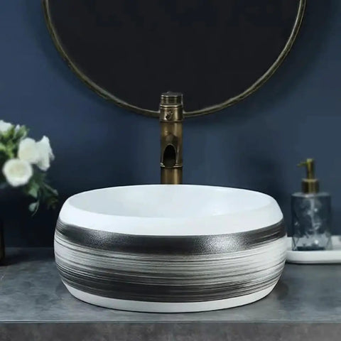 Bathroom Sinks Indoor Countertop Ceramic Basin Outdoor Countertop Washbasin Bathroom Basin Wash Basin Vessel Vanity Sink Bowl Basin with gray stripe design.