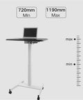 Slick Electric Height Adjustable Lectern With Smooth Roll Wheels For Boardroom Church Or Lecture Hall Speaking Ergonomic Mobile Standing Podium showing adjustable height from 720mm to 1190mm.