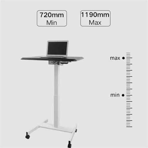 Slick Electric Height Adjustable Lectern With Smooth Roll Wheels For Boardroom Church Or Lecture Hall Speaking Ergonomic Mobile Standing Podium showing adjustable height from 720mm to 1190mm.
