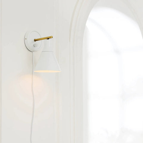 Dope Lofty Chic Modern Matte White Wall Sconce With Brass Accent 1 Light Plug-In Or Hardwire Stepless Dimming on white wall