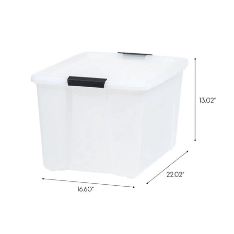 Front view of 60 Quart Plastic Storage Box with Secure Buckles and Pull Out Design for Home Organization Pearl White Stackable Container.