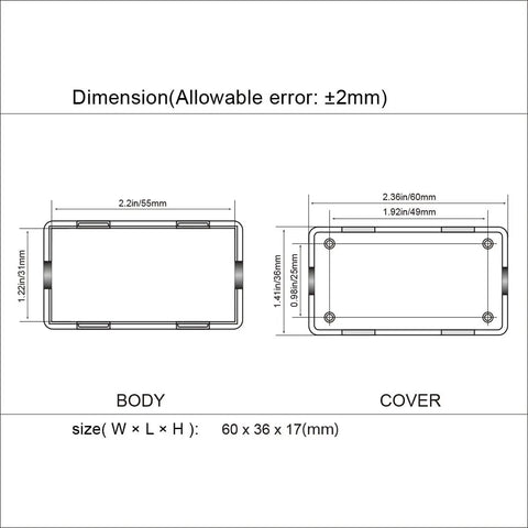 Diagram of 5 Pack Small ABS Plastic Project Box For Electronics DIYers White Durable Drillable Mini Electrical Project Boxes 2.36 x 1.42 x 0.67 Inch with dimensions