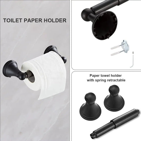 Matte Black Bathroom Accessories Set Kit With 2 24 Inch Towel Bars, 2 Towel Rings, 2 Toilet Paper Holders, And 2 Hooks with retractable holder