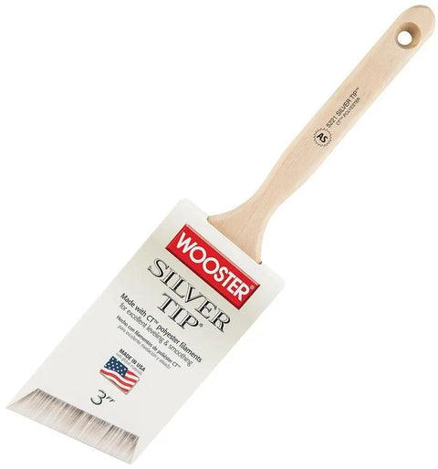 Silver Tip 3 Inch Angle Sash Paintbrush with birch handle and white soft CT polyester bristles, ideal for precise cut-in work.
