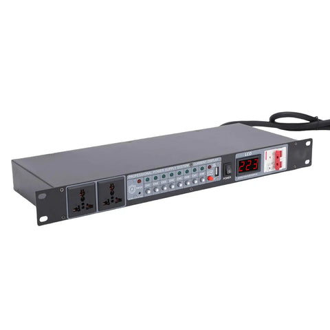 Pro 10 Outlet Power Sequencer With Digital Voltage Readout, 1U rack-mount power strip with LCD display and multiple ports.