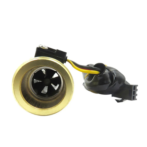 Front view of Three Quarter Inch Brass Water Flow Sensor Switch With Hall Effect Plug And Play Ready For Home And DIY Projects 2 To 50 Liters Per Minute Flowmeter BSPT Female Thread 58 Millimeter Length DC Five To Fifteen Volt 0 To 80 Celsius Range