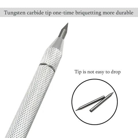 Close-up of Top Shelf Tungsten Carbide Scriber Set With Embedded Magnet And Twelve Spare Tips for durable etching on various materials.