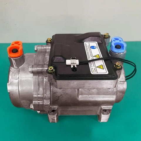 High Performance 12V 24V Electric AC Scroll Compressor for EV Buses Vans Trucks with electrical connections and metallic body.