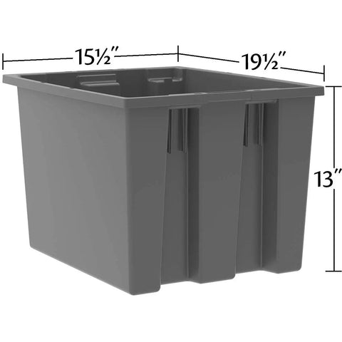 Rock Solid Heavy Duty Plastic Storage Totes Six Pack Gray Nestable Stacking Distribution Crates 19 1/2 By 15 1/2 By 13 Inches side view showing dimensions.