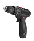 Rechargeable Cordless Drill And Electric Screwdriver Set Featuring 25 Plus 1 Torque Adjustments Dual Speed Alloy Chuck And Bright LED Light, black ergonomic design.