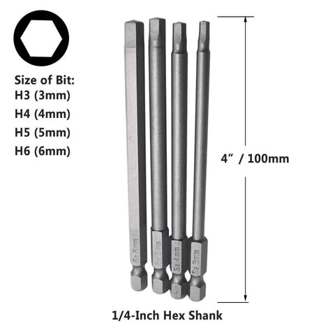 4-In-1 Magnetic Screwdriver Bit Set, 16-Piece With 1/4 Inch Hex Shank showing hex Allen bit sizes H3 to H6 with 100mm length