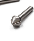 HSS chamfering end mill bit with 3 grooves, silver finish, 90-degree angle.