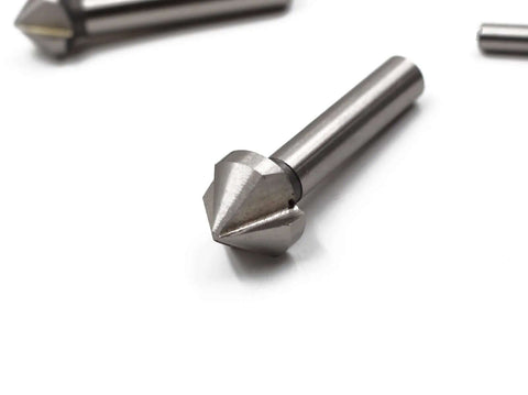 HSS chamfering end mill bit with 3 grooves, silver finish, 90-degree angle.