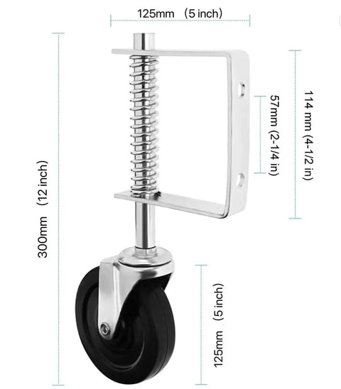 Heavy Duty Spring Loaded Gate Caster Wheel For Wood Fence Badass 5 Inch Rubber Tire Swivel Caster with 12 inch spring mount.