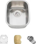 Undermount 15 Inch Stainless Steel Bar Sink with Single Bowl, brushed satin finish, grid, cutting board, and drain accessories