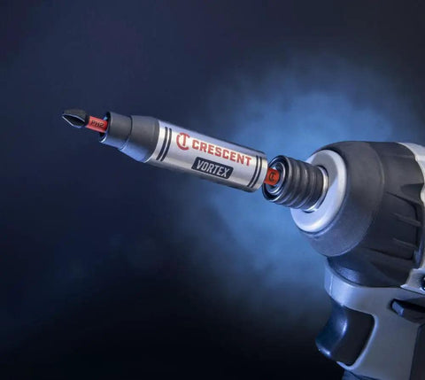 Apex Vortex Bit Holder One Quarter Inch Hex Shank Three And A Half Inch Length attached to a power drill showcasing torsion zone