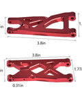 Beefed Up Aluminum Front And Rear Suspension Arms Set For 1 By 10 Scale RC Trucks Including Arrma Granite 4X4 Senton 4X4 Blx 4X4 Bigrock Vorteks Replacement AR330443 AR330516, red anodized arms with measurements.