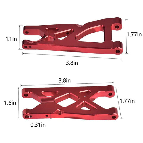Beefed Up Aluminum Front And Rear Suspension Arms Set For 1 By 10 Scale RC Trucks Including Arrma Granite 4X4 Senton 4X4 Blx 4X4 Bigrock Vorteks Replacement AR330443 AR330516, red anodized arms with measurements.