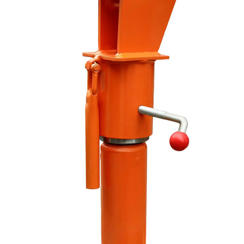 Heavy Duty 1100 Lb Truck Bed Crane Hoist With Electric Winch showing orange adjustable base and crank handle.