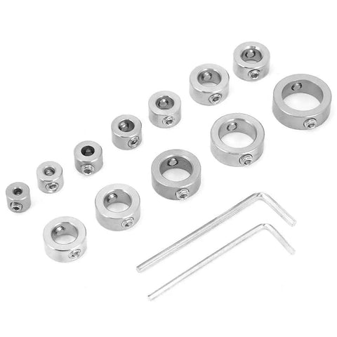 12-piece Stainless Steel Drill Depth Stop Collar Set For High Carbon Steel Drills with limit rings and screw on collars.