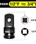 Beefy Impact Socket Adapter And Reducer Set 1/2 to 3/4 inch drive shown with specifications and labeled parts.